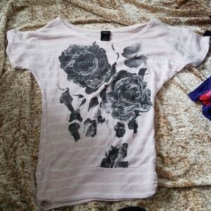 Pink and white striped floral sweater